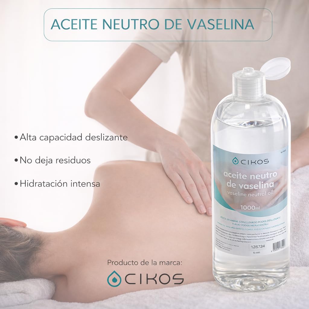 Aceite de Masaje Profesional Neutro Cikos. Aceite de Vaselina Profesional sin Aroma. Ideal para Fisioterapia y Masaje Relajante. (1000 ml.)