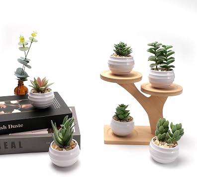 BERRYLION 6 Packs Succulents Fake Plants,Small Artificial Plants Indoor,Green Bookshelf Décor,Faux Plants for Home Décor,White Potted Fake Plant for Room Decor (6, 1)
