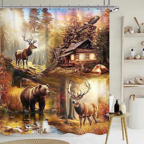 Glawry Woodland Bear Moose Shower Curtain 60Wx72L Inches Rustic Retro Lodge Cabin Farmhouse Animal Woodland Lake Wildlife Nature Bathroom Country Bath Accessories Art Home Decor Fabric 12 Pack Hooks