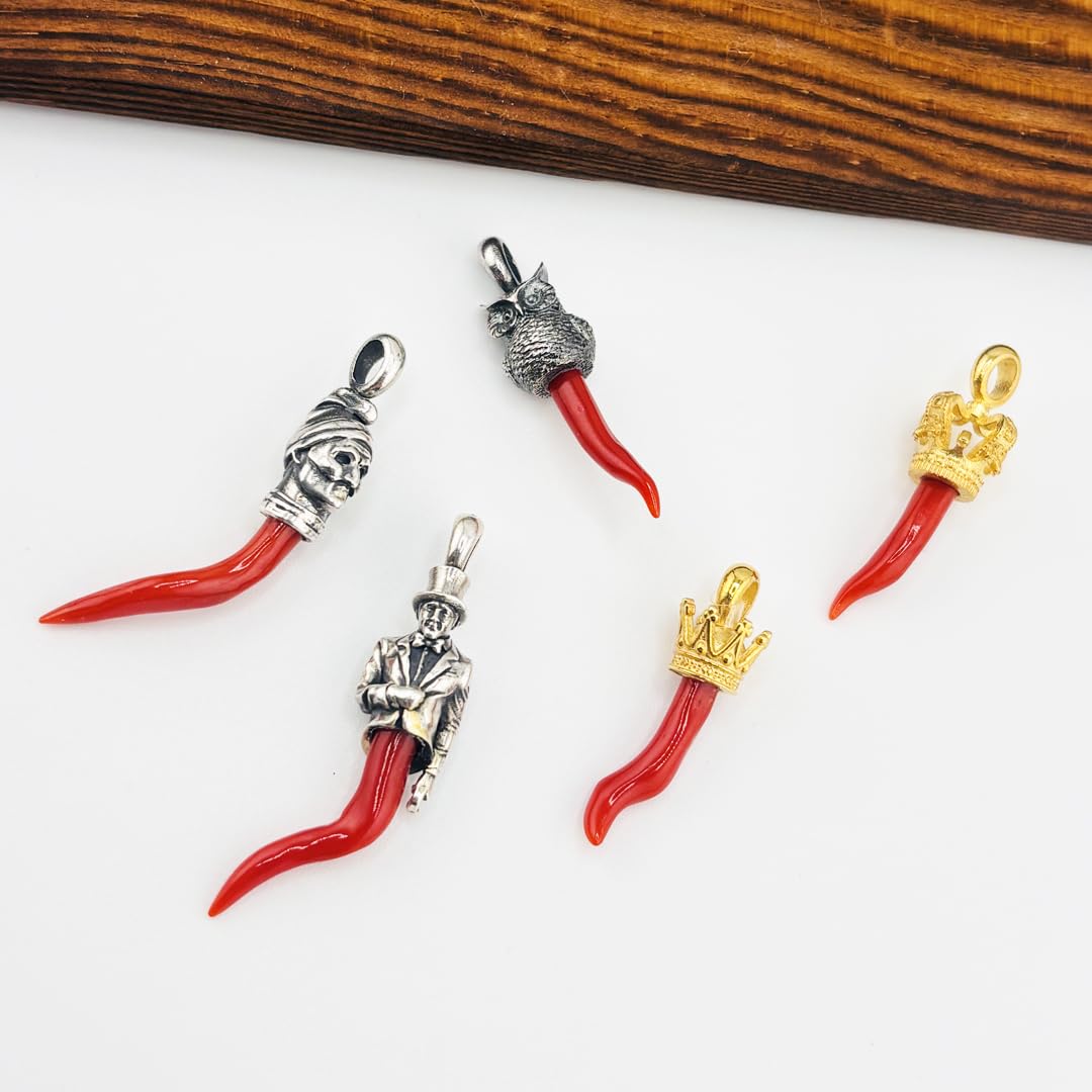 Ciondolo gobbetto gobbo in argento 925 con corno cornetto in corallo rosso del Mediterraneo amuleto portafortuna unisex gioiello da uomo donna ragazza ragazzo pendente argento