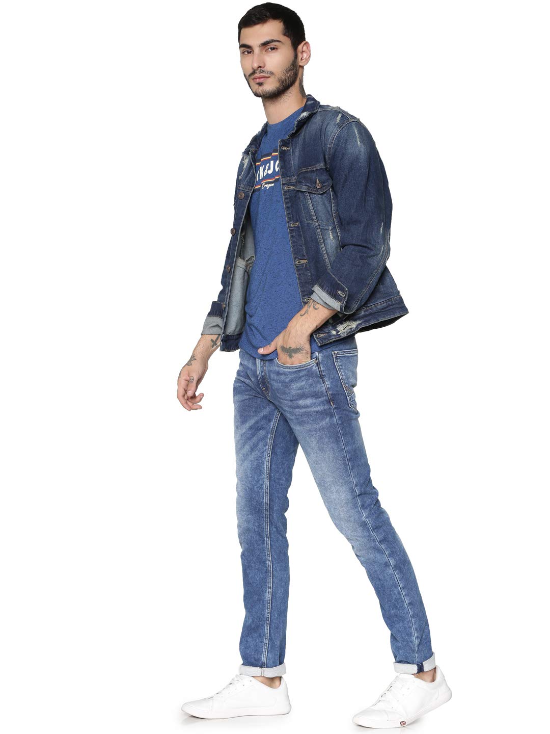 JACK & JONES Mens 5 Pocket Whiskered Effect Jeans