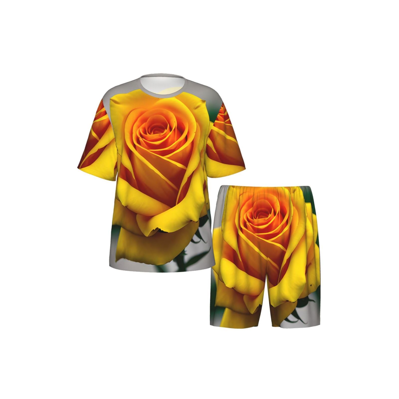 Conjunto de pijama clásico con estampado de rosas amarillas para hombre, pantalones cortos de pijama suaves para hombre, perfecto para las noches de verano