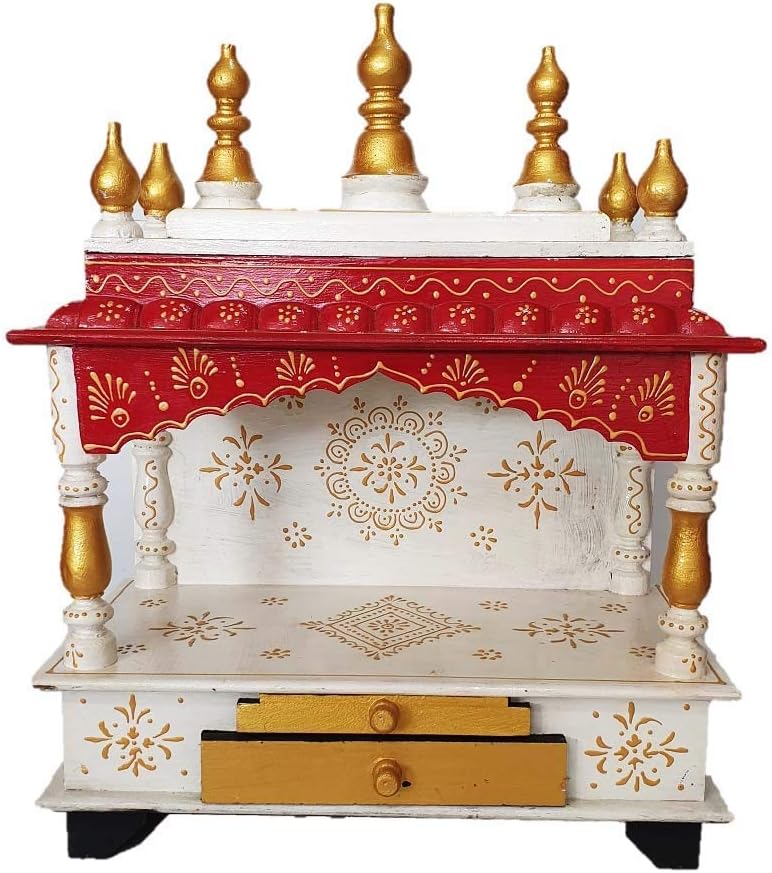 Mereappne Beautiful Wooden Temple Pooja Mandir for Office & Home for Size L- 15 X W- 8 X H-18 Inches Red & White