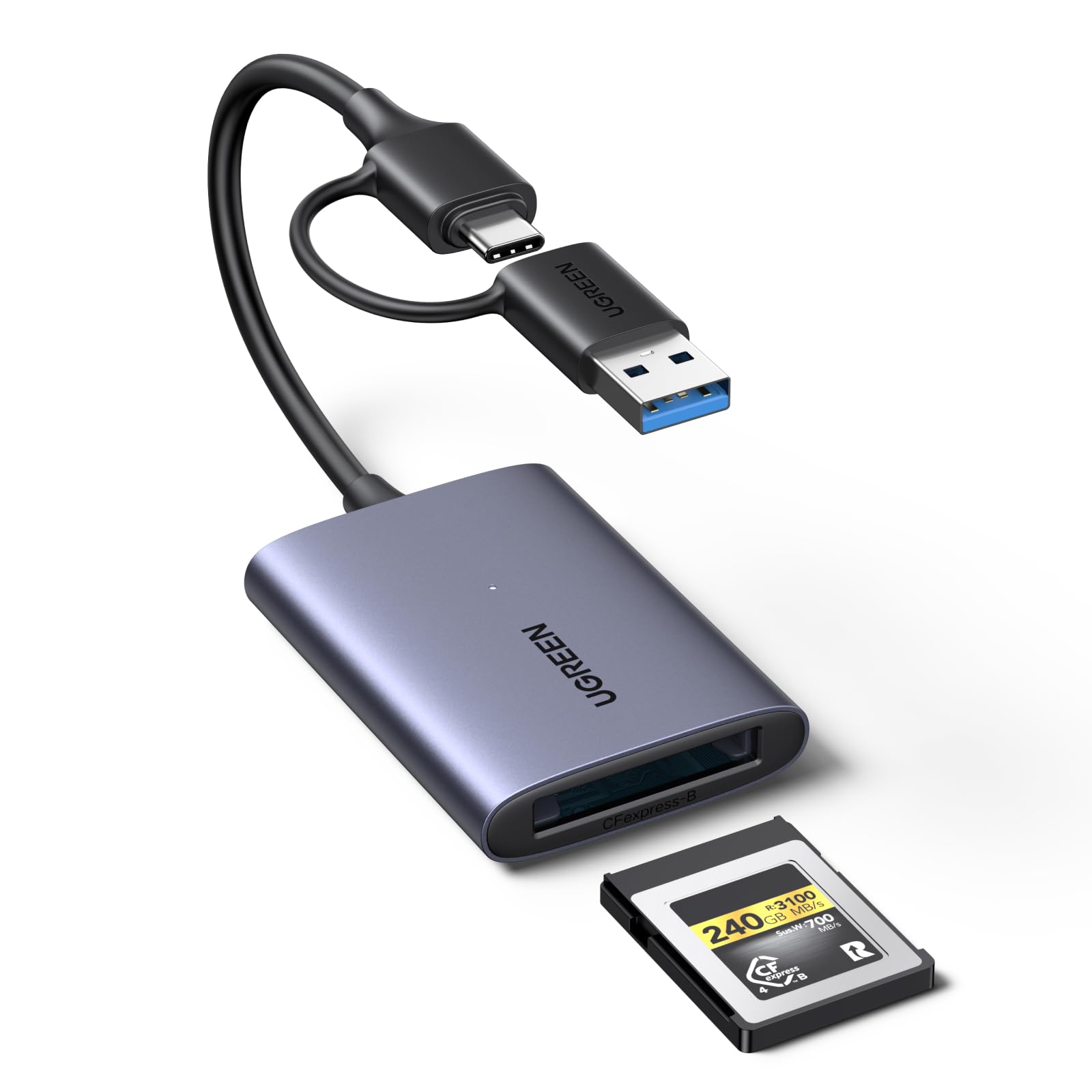 UGREEN USB-C auf CFexpress Type B Kartenleser mit USB-A & C Port, 10Gbps bis zu 1250MB/s, kompatibel mit CFexpress B Karten für 8K Video, Mac, Windows, Linux, Laptop, Tablet, Aluminiumgehäuse(CFB)
