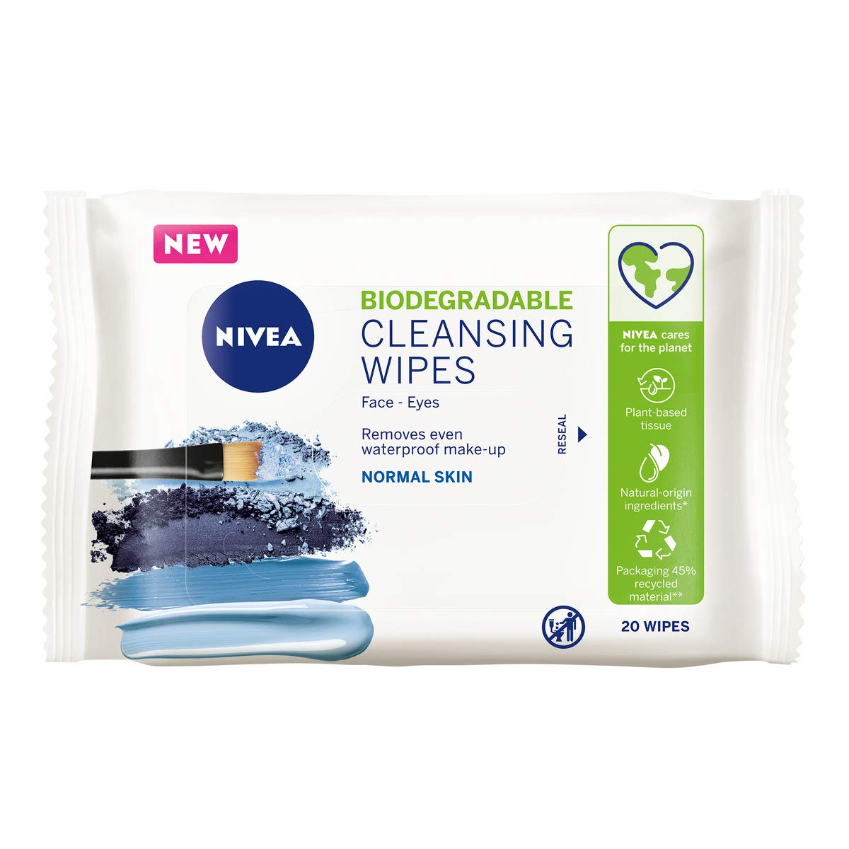 NIVEA Biodegradable Refreshing Cleansing Wipes Normal Skin (20 sheets), Plant-Based Biodegradable Wipes, Face Wipes for Normal Skin, Gentle yet Effective Make-Up Removal