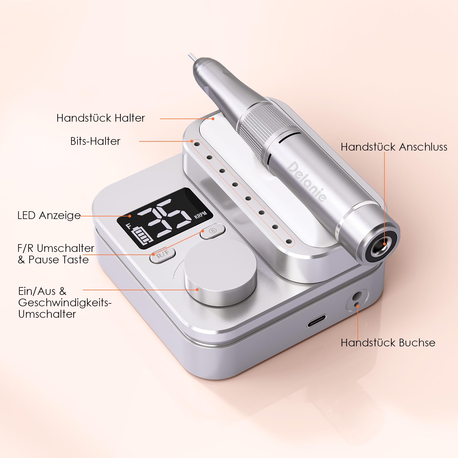 Delanie Elektrischer Nagelfräser für Gelnägel 35000 U/Min, Wiederaufladbar Nagel Fräser für Nägel mit Handstück-Halter, Nagelfräser Professionell mit LED Anzeige & Pause Funktion für Maniküre Pediküre