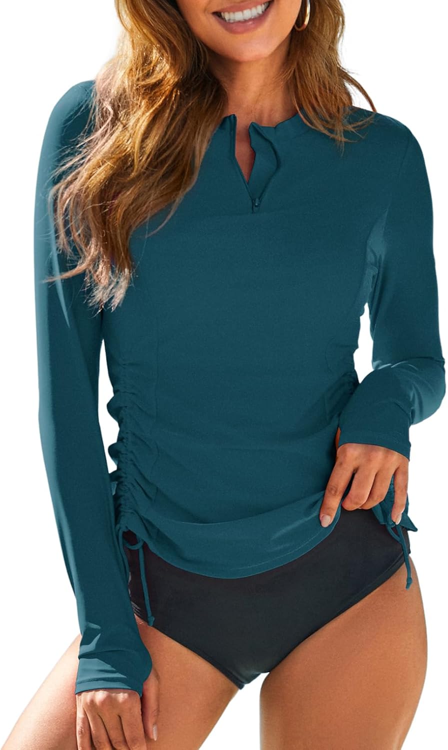 Dokotoo Women's Long Sleeve Rash Guard Half Zip Ruched Swim Shirt Sun Protection Top