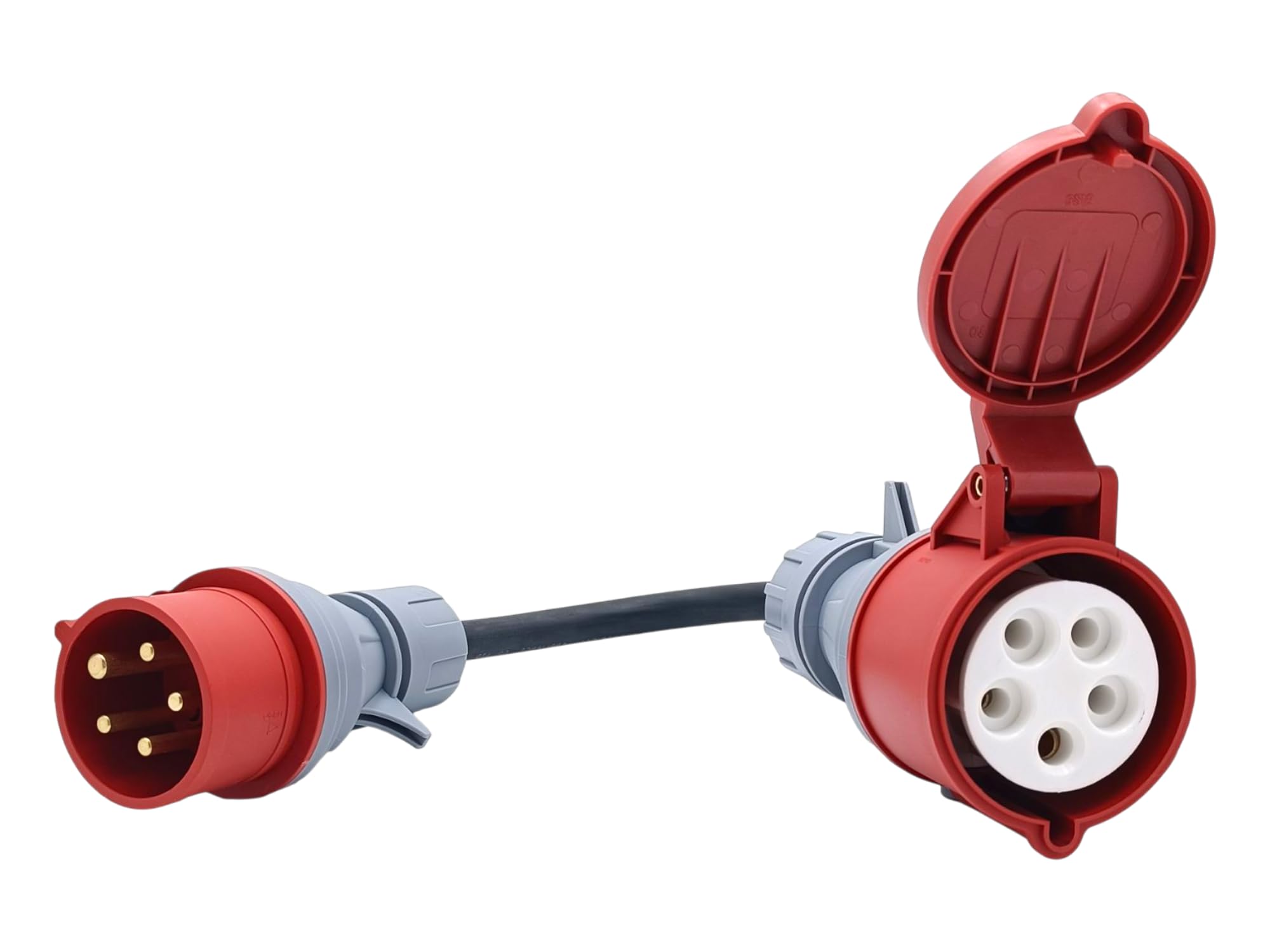 CEE Adapter 3-phasig 400 V | 16A (11 kW) Stecker auf 32A (22 kW) Kupplung, IP44 | mit 0,5 m H07RN-F 5G2,5 mm² Gummikabel zur Verbindung
