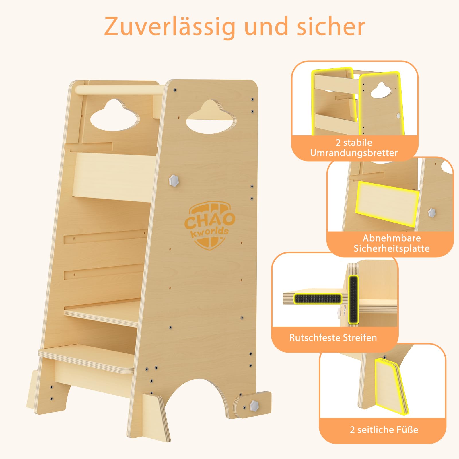 Lernturm für Kleinkinder – 3-in-1 Montessori-Küchenhocker mit Sicherheitsgeländer, höhenverstellbar, stabil mit Anti-Rutsch-Basis, umwandelbar in Hochstuhl und Aktivitätscenter