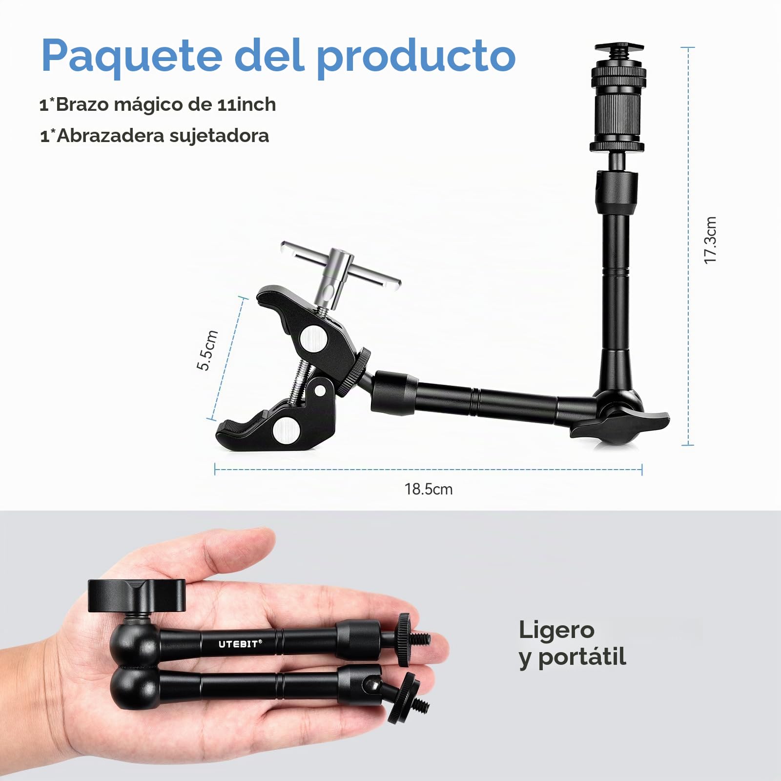 UTEBIT Brazo mágico Brazo articulado de 11 Pulgadas Brazo de cámara con súper Abrazadera 1/4 Zapata Carga máxima 1.5 kg para cámara DSLR, Monitor de Campo LCD, luz de Flash