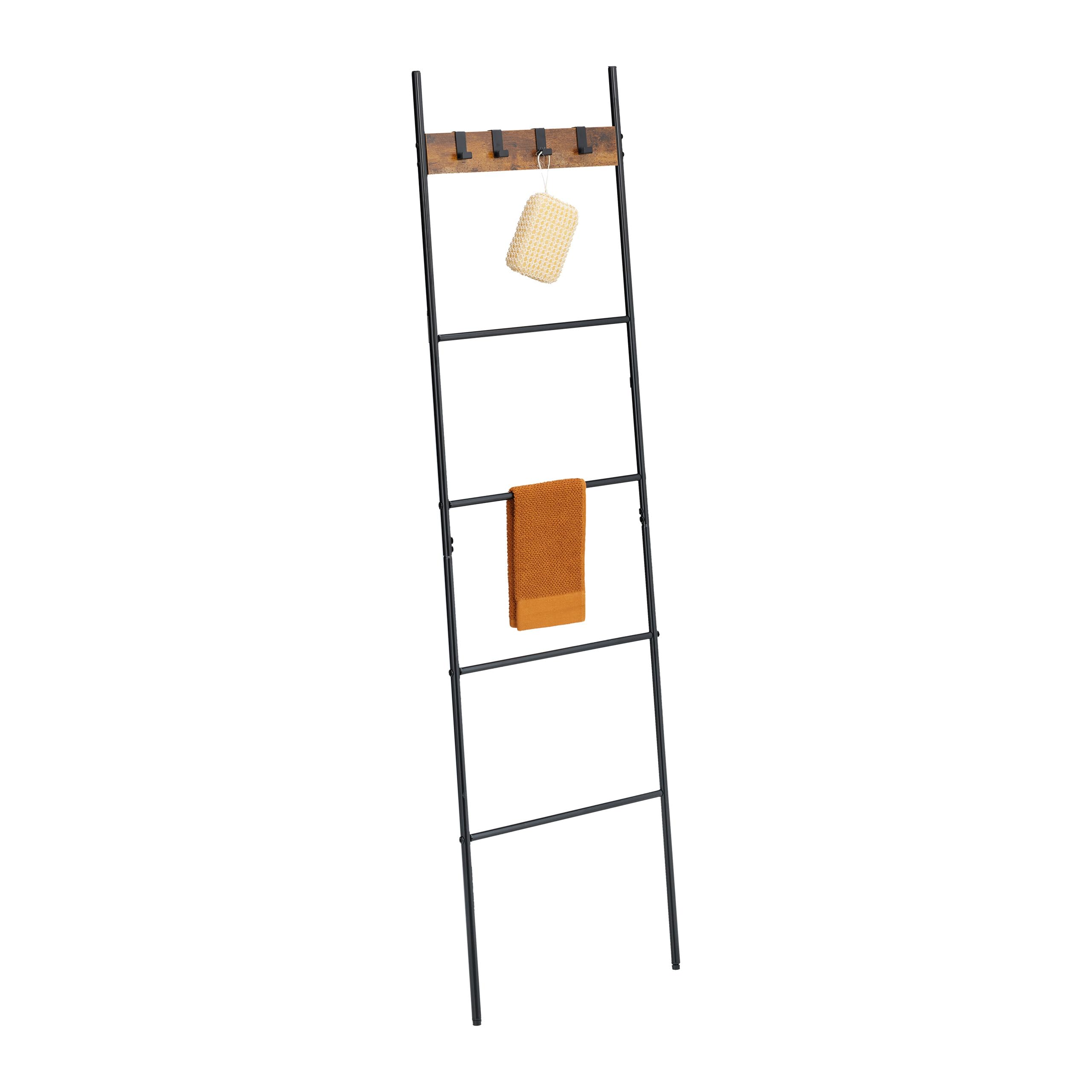 Relaxdays Handtuchleiter, 4 Sprossen & Haken, HxB: 160,5 x 44 cm, Metall, Industrial Wäscheleiter, Bad, schwarz/braun