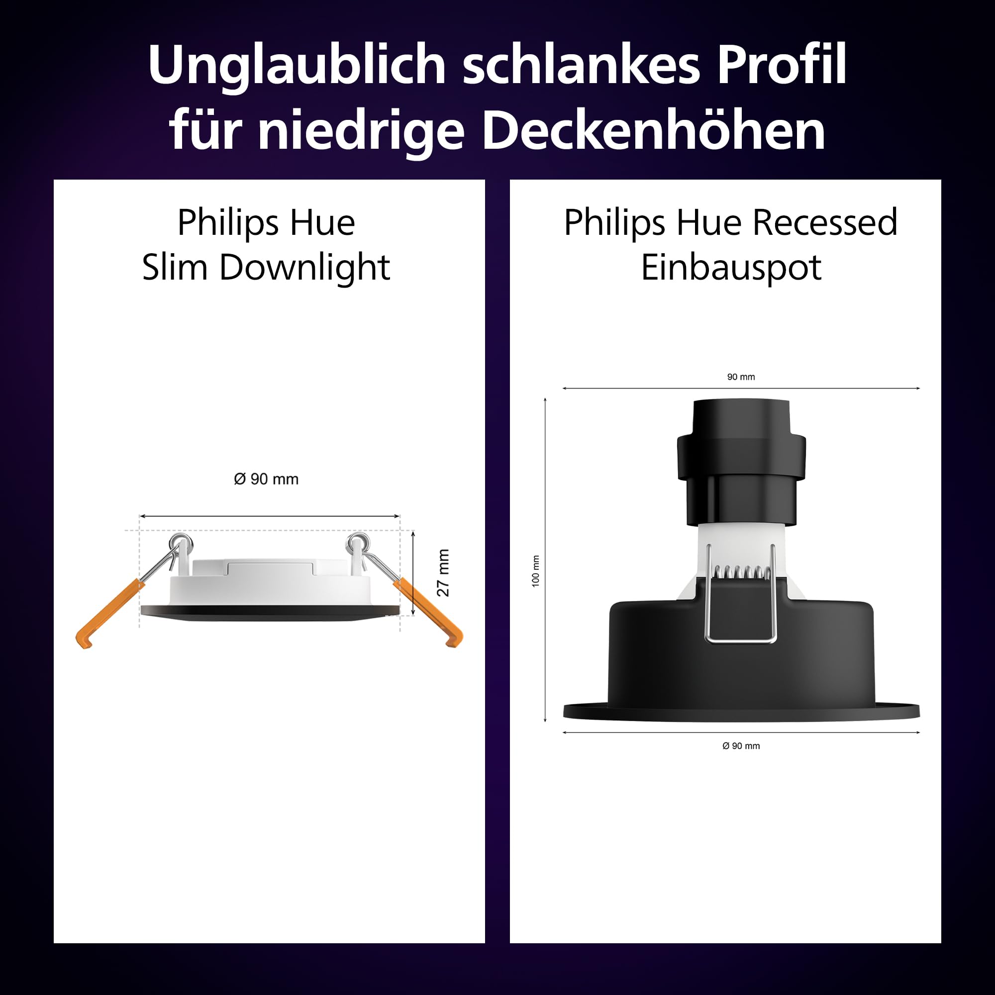 Philips Hue Smart Slim Einbauleuchte 3er Pack, 90 mm, Weiß & Farbiges Licht, Bluetooth kompatibel, Sprachsteuerung mit Alexa, Apple Home & Google Assistant, weiß