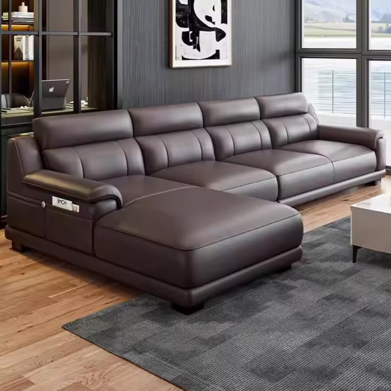 Image of Homax. Poppins Solid Sal Wood Italian Luxury High-End Villa Living Room L-Shape Sectional Modular Sofa Set in Leatherette Orientation RHS - Coffee Brown