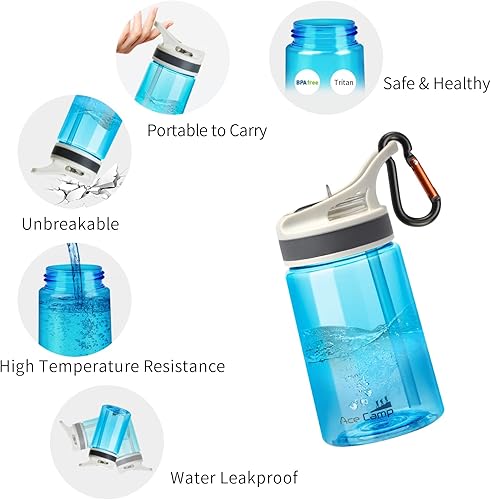 Vista 4 de AceCamp Paquete de 2 botellas de agua para niños con popote para la escuela, niños y niñas, botella de agua pequeña de 12 onzas con clip Tritan sin