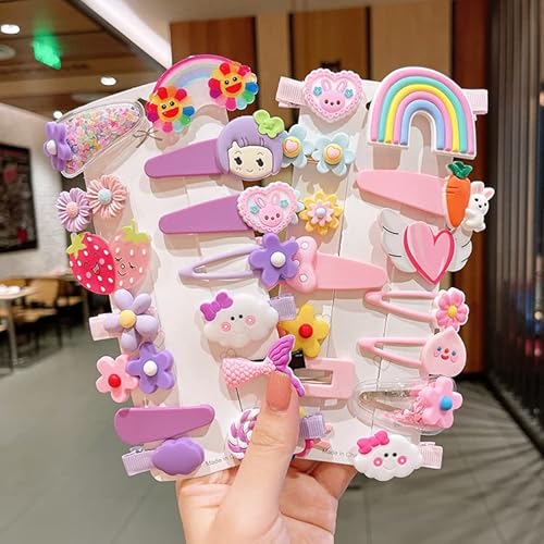 28 Pcs Fashion Hair Clips Cute Hair Accessories Mix Colorful Set Non-Slip Flower Fruit Candy Rainbow Hair Pins Hair Barrettes Set For Girls Baby Girls Kids Teens (Pink And Purple) #TOP6
