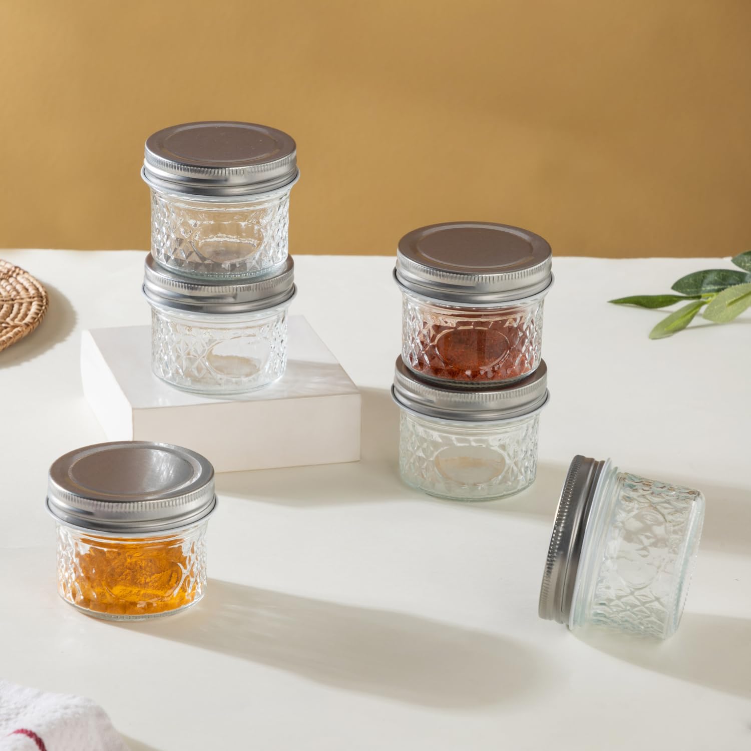 Nestasia Small Glass Jar with Lid (Set of 6-120ml), Transparent Diamond Textured Glass Containers for Kitchen Storage Pantry, Spice, Masala, Pickles, Dry Fruits, Coffee Beans Storage