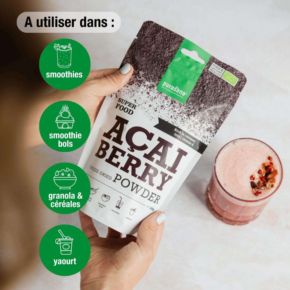 Purasana® Poudre de Baies d’Açaï Bio - Complément Alimentaire Superaliment, Riche en Antioxydants, Renforce l'Immunité, 100% Vegan & Sans Gluten, 100g