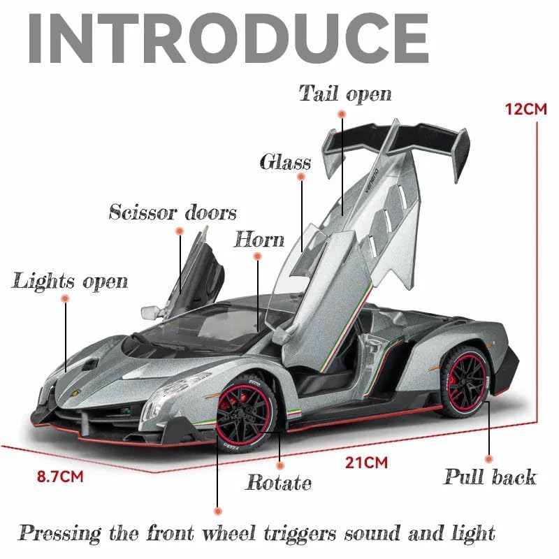 Image of Model 1:24 Lambo Veneno Model Alloy Metal Pull Back Die-cast Car Openable Doors with Sound and Light Vehicle Car Toy for Kids - Multicolor