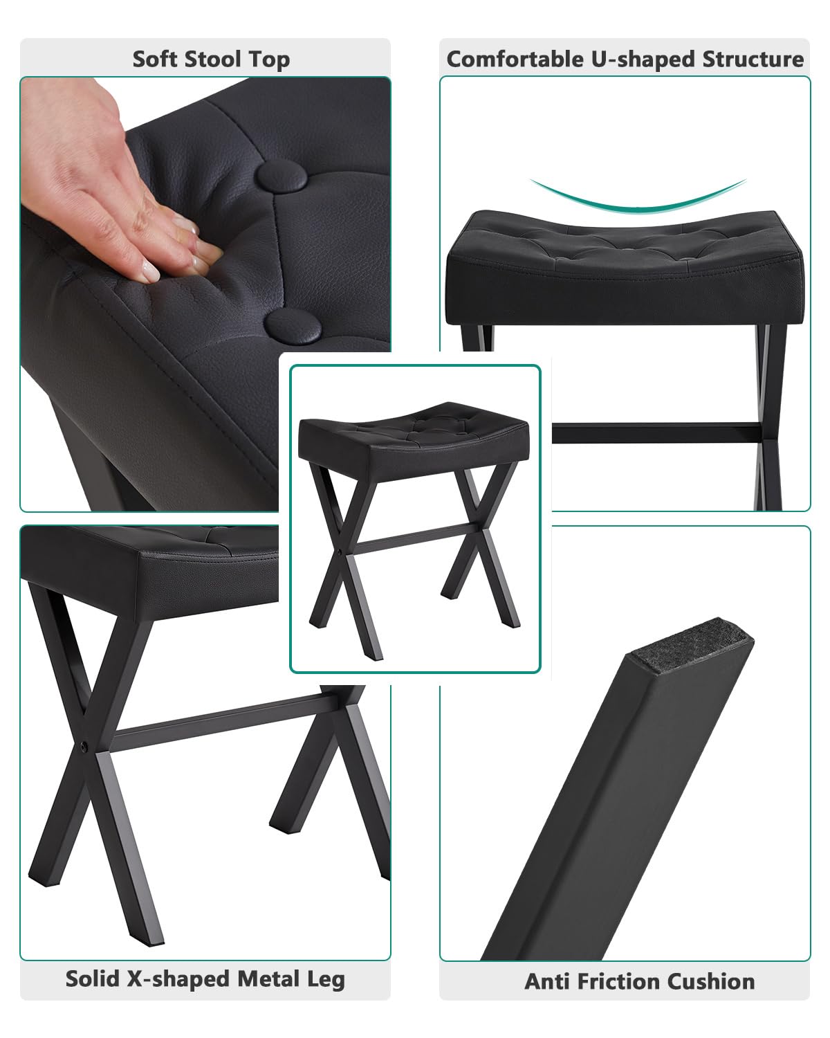 IBUYKE U-förmiger PU Eitelkeitshocker, quadratischer Make-up Hocker mit X-Bein, Ottoman Sitz Fußstütze Hocker, Multi-Use als Kleiner Beistelltisch, für Schlafzimmer, Wohnzimmer, Schwarz WBD019B