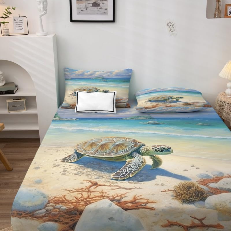 Miniatura 3 de Sábanas de tortuga marina tamaño Queen  Sábanas de microfibra suave con bolsillo profundo y patrón sin arrugas, 4 piezas (1 sábana bajera, 1 sábana