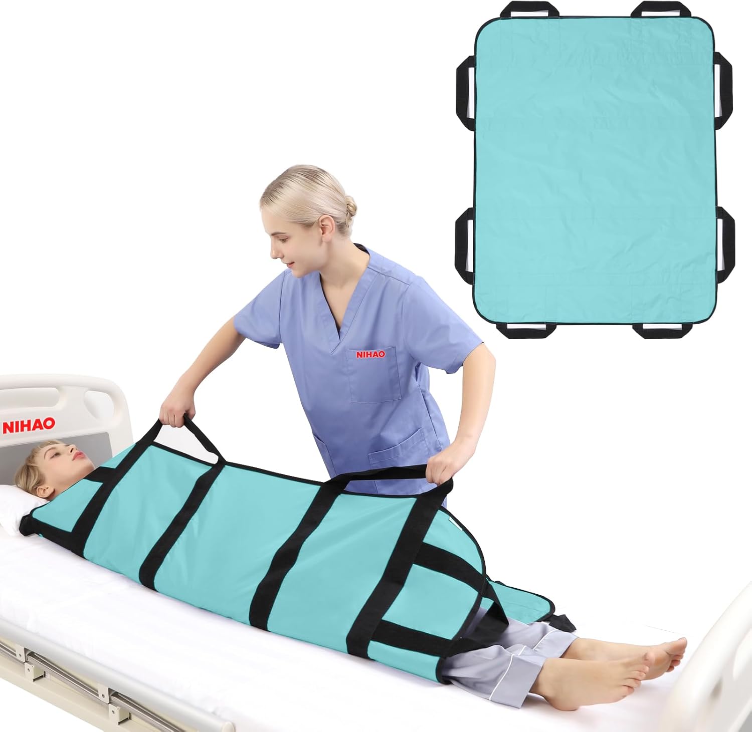 NIHAO Multipurpose Positioning Bed Pad with Reinforced Handles 48" x 40" Bed Transfer Sheet Patient Lifting Mat for Turning, Repositioning Washable & Reusable Draw Sheet for Hospital & Home, Purple