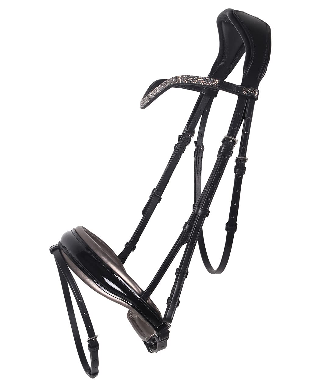 QHP Schwedische Trense Lupine Leder Stirnriemen mit Strass-Splittern (Pony, schwarz/grau)