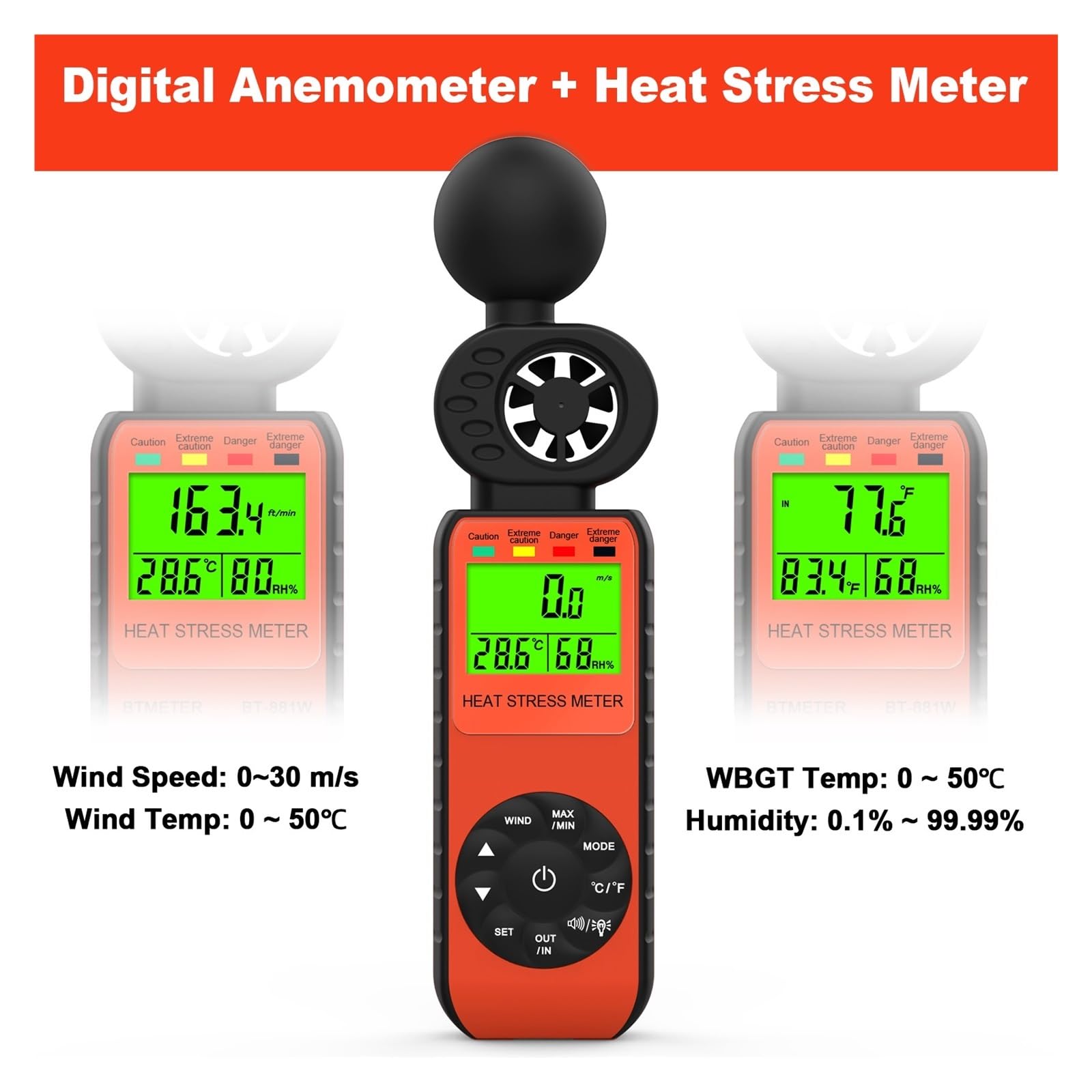 Wiatromierz, Monitor stresu cieplnego, termometr kulisty 3 w 1 z mokrą żarówką, anemometr mierzy wiatr, wilgotność i temperaturę