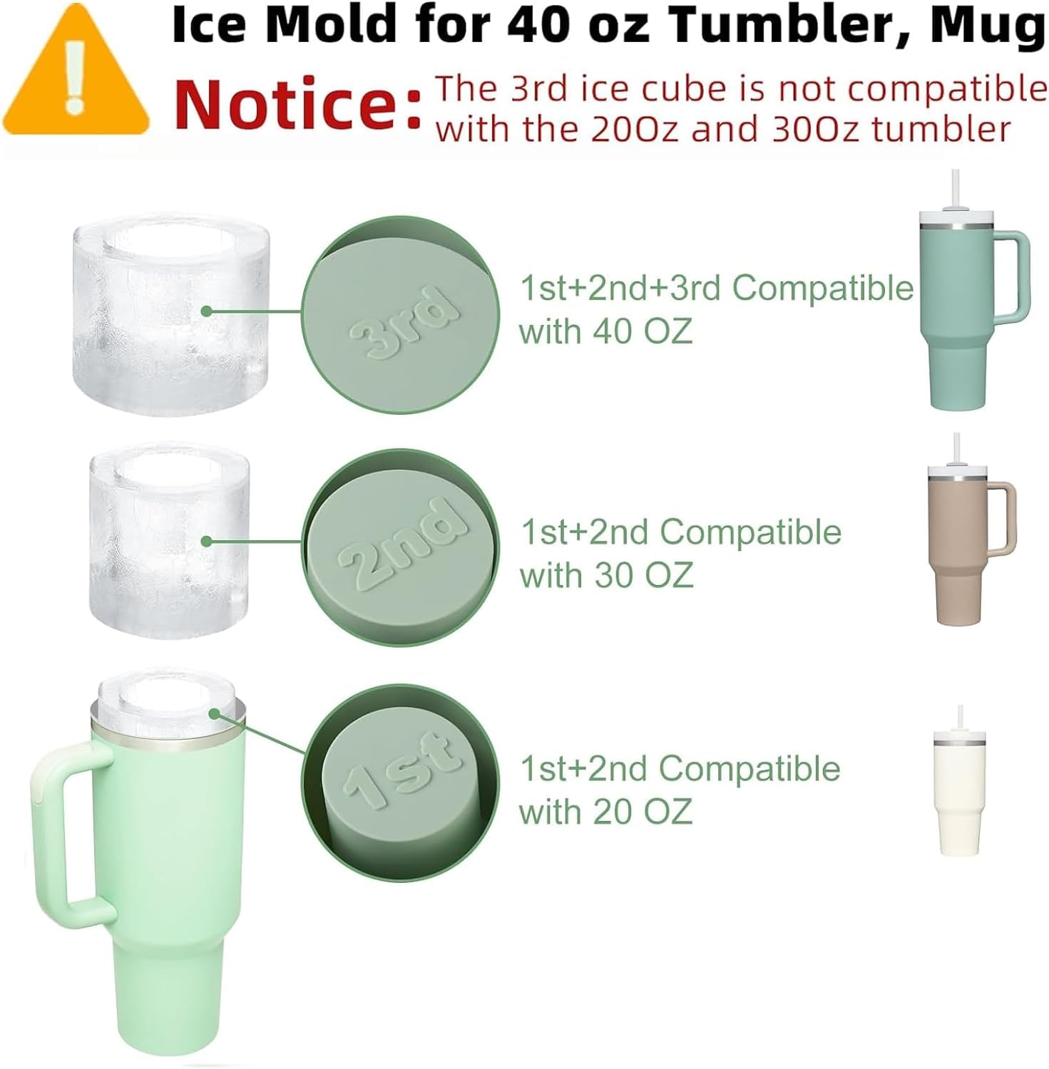 Stanley Cup - Stampo per cubetti di ghiaccio in silicone con coperchio, 3 scomparti, senza BPA, in tre misure, per succo, whisky, verde