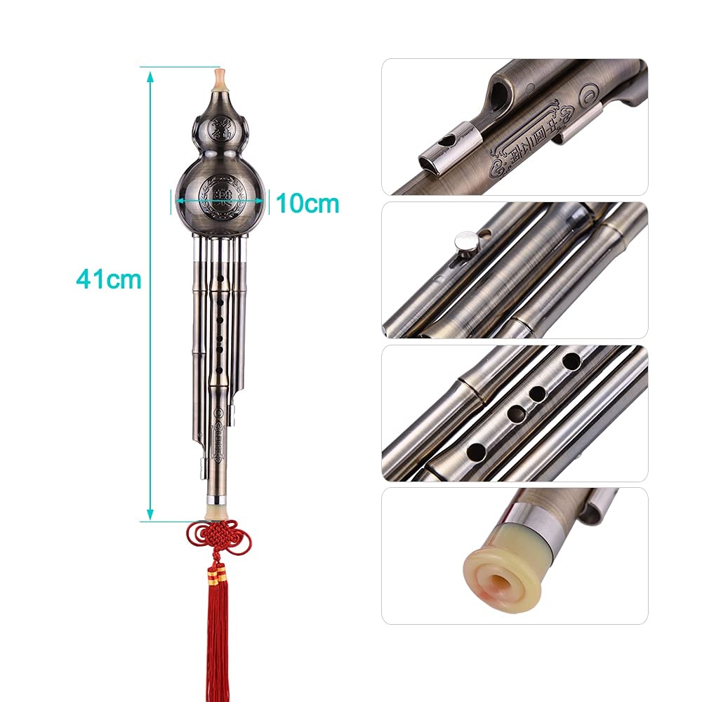Flauta de Alambre de Metal Dibujo Chino Hulusi Llave de C Calabaza cucurbita Flauta Material de Aluminio étnico Cobre Plateado para música para Principiantes