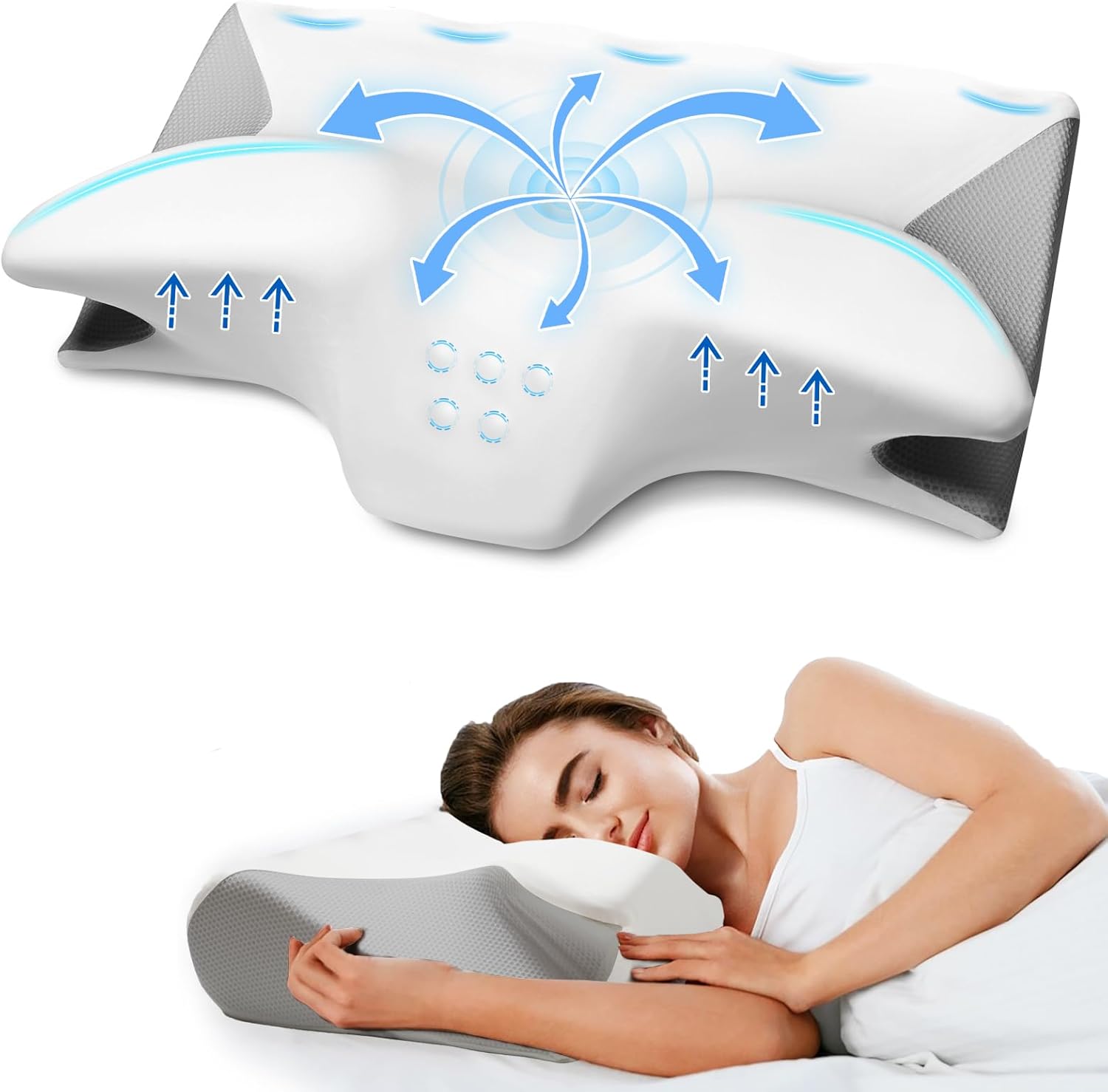 Cervical Pillow for Neck Pain Relief, Cooling Contour Memory Foam Pillows Support Odorless Ergonomic Neck Pillow Adjustable Orthopedic Bed Pillow for Side Back Stomach Sleeper with Pillowcase Grey + White Queen