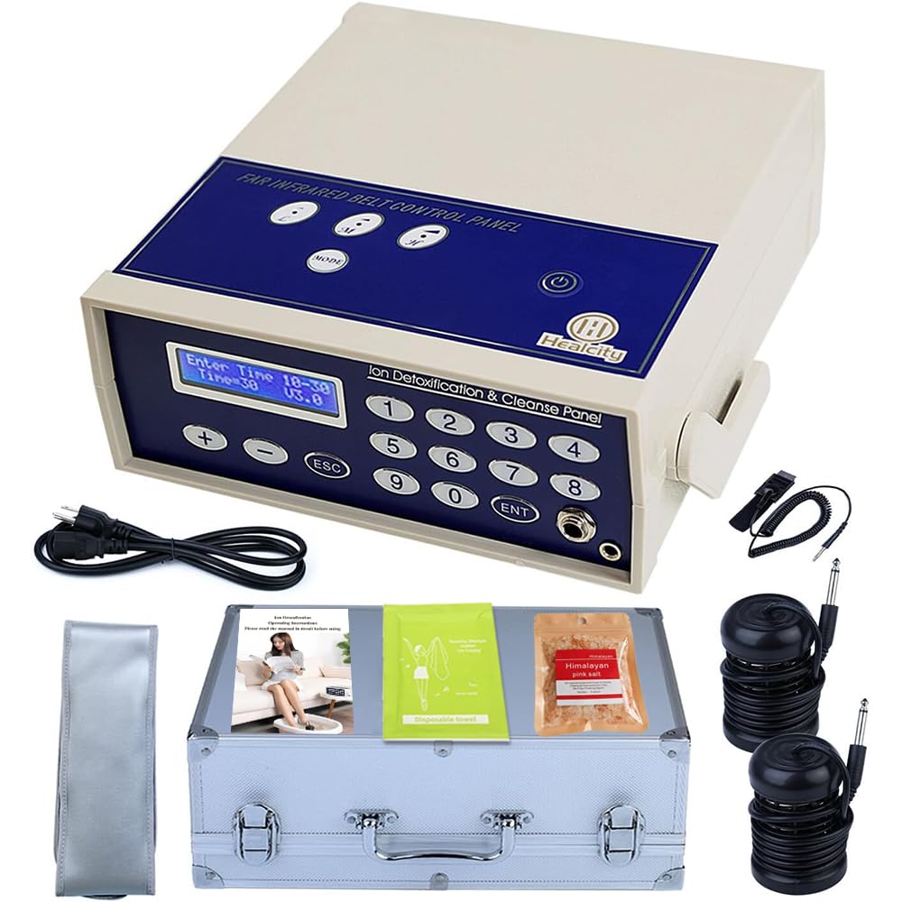 Healcity Ionic Foot Bath Detox Machine Birthday Gift Professional Negative Hydrogen Ion Foot Detoxification System with 2 Detox Arrays Far Infrared Wrist Strap Waist Belt Storage Case