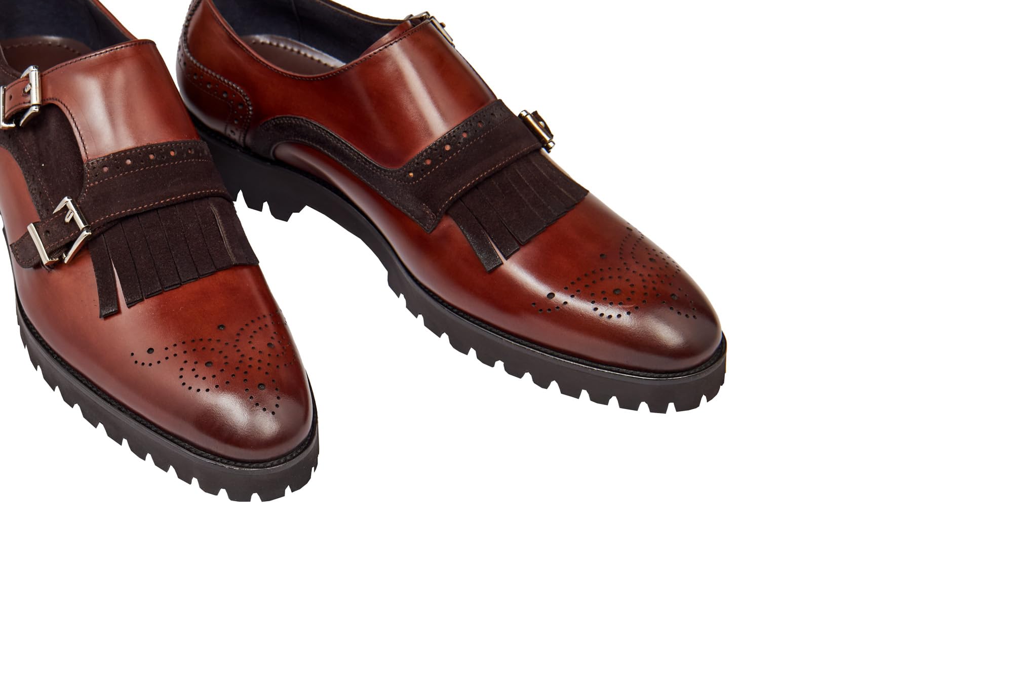 Zapatos de Hombre de Piel auténtica y Ante Hechos a Mano con Flecos y Doble Hebilla Brogue con Suela Dentada