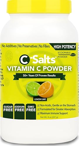 C-Salts Polvo de vitamina C tamponada de lima limón 4000 mg, ascorbato de alta dosis, suave en estómagos sensibles, suplemento de vitamina C apto