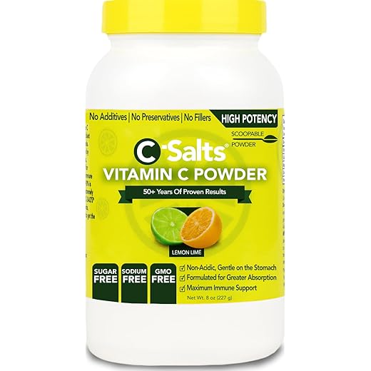 C-Salts Buffered Vitamin C Powder Lemon Lime, High Dose Ascorbate Supplement for Immune Support, Calcium, Magnesium, Zinc, Potassium, Gentle on Stomachs, Organic Non-GMO, No Sugar or Sodium, 8 oz