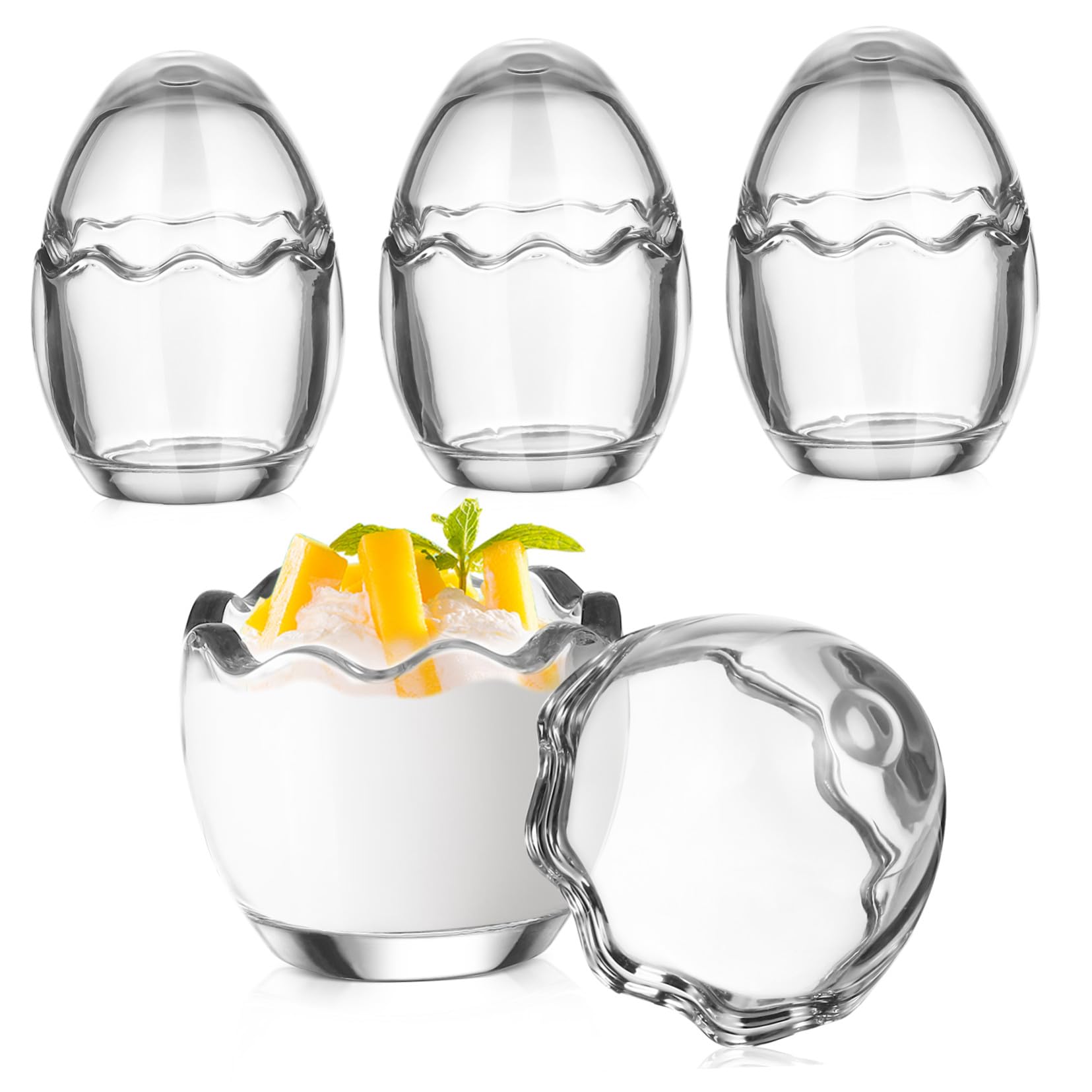 Stampi Budino in Vetro 60ml 4 Pezzi Forma Guscio D’uovo | Design Semplice e Forma Unica, Riutilizzabili e Facili da Pulire, per Preparazioni e Servizio