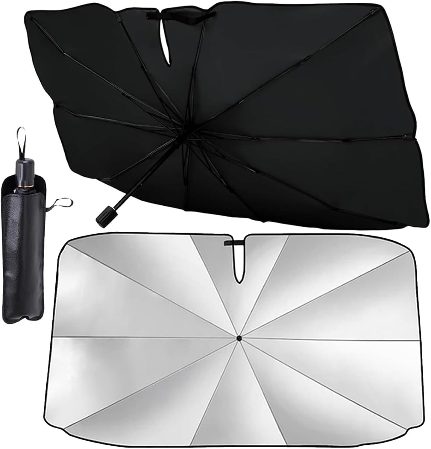 Car Windshield Sun Shade Umbrella - 360° Foldable Windshield Sunshade for Front Window Reflective Heat Shield Keeps Car Cooler, UV & Heat Protection with Leather Case for Cars SUVs Trucks