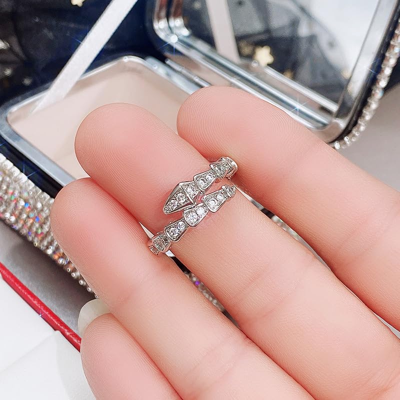 Sdouefos Vintage Snake Rings 925 Sterling Silver Shiny Diamond Gemstone Ring Cubic Zirconia Rings CZ Diamond Snake Shape Ring Eternity Engagement Wedding Band Ring for Women Size 73