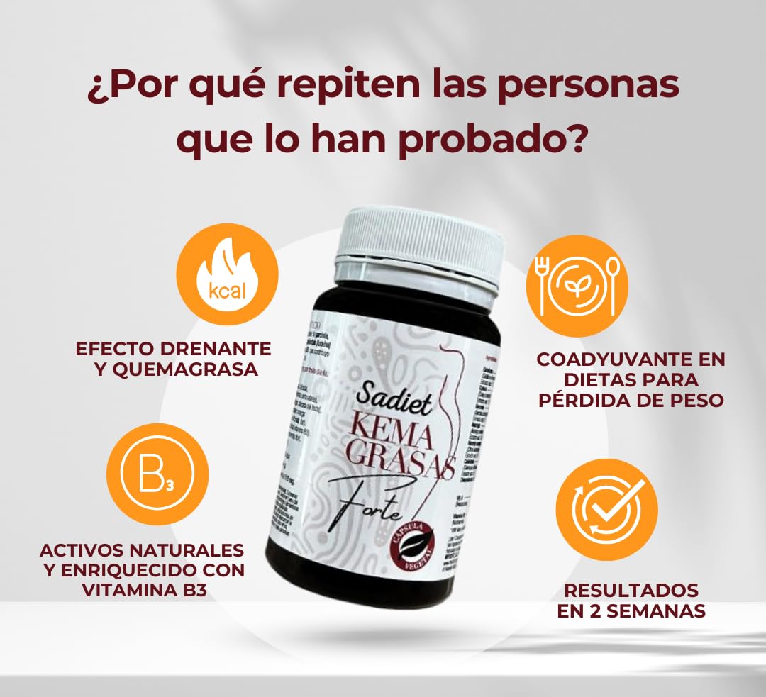 Kemagrasa Forte | Suplemento para adelgazar | Quemagrasas y saciante eficaz | 30 capsulas Adelgazante efectivo Acelera metabolismo | Incrementa diuresis | Metaboliza lípidos | Rico en vitamina B3