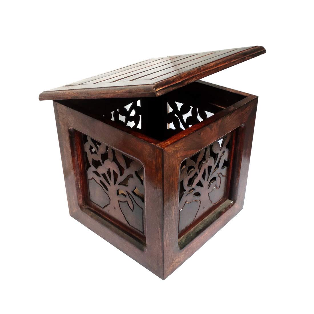 Wooden flip Flop Storage Box Seating Stool Bedside Table Antique Natural Wooden Brown for Bedroom and Living Room end Table (12 x 12 x 12 in Medium Size)-image-33