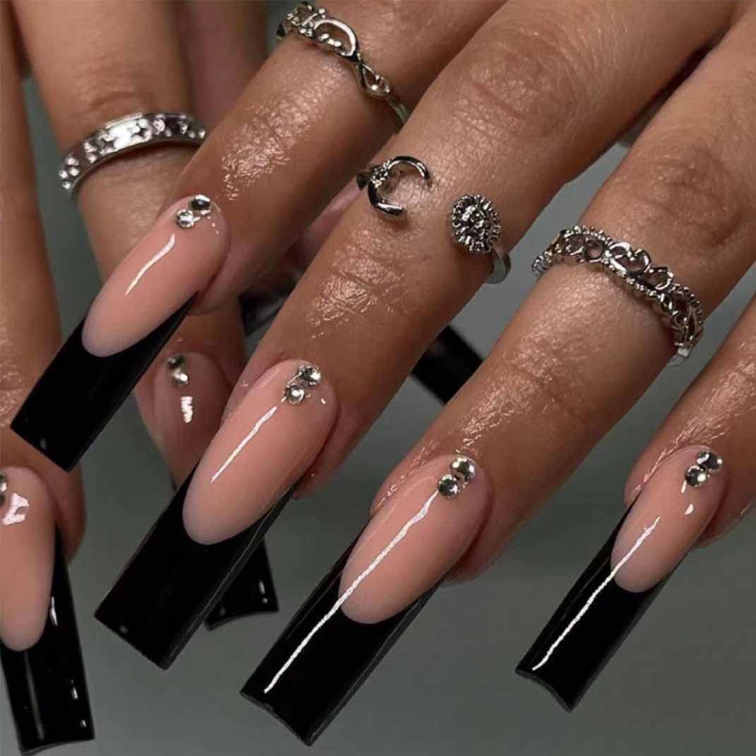 Enppode French Tip Press on Nails Long Acrylic Nails Black Fake Nails Coffin Nails with Rhinestones