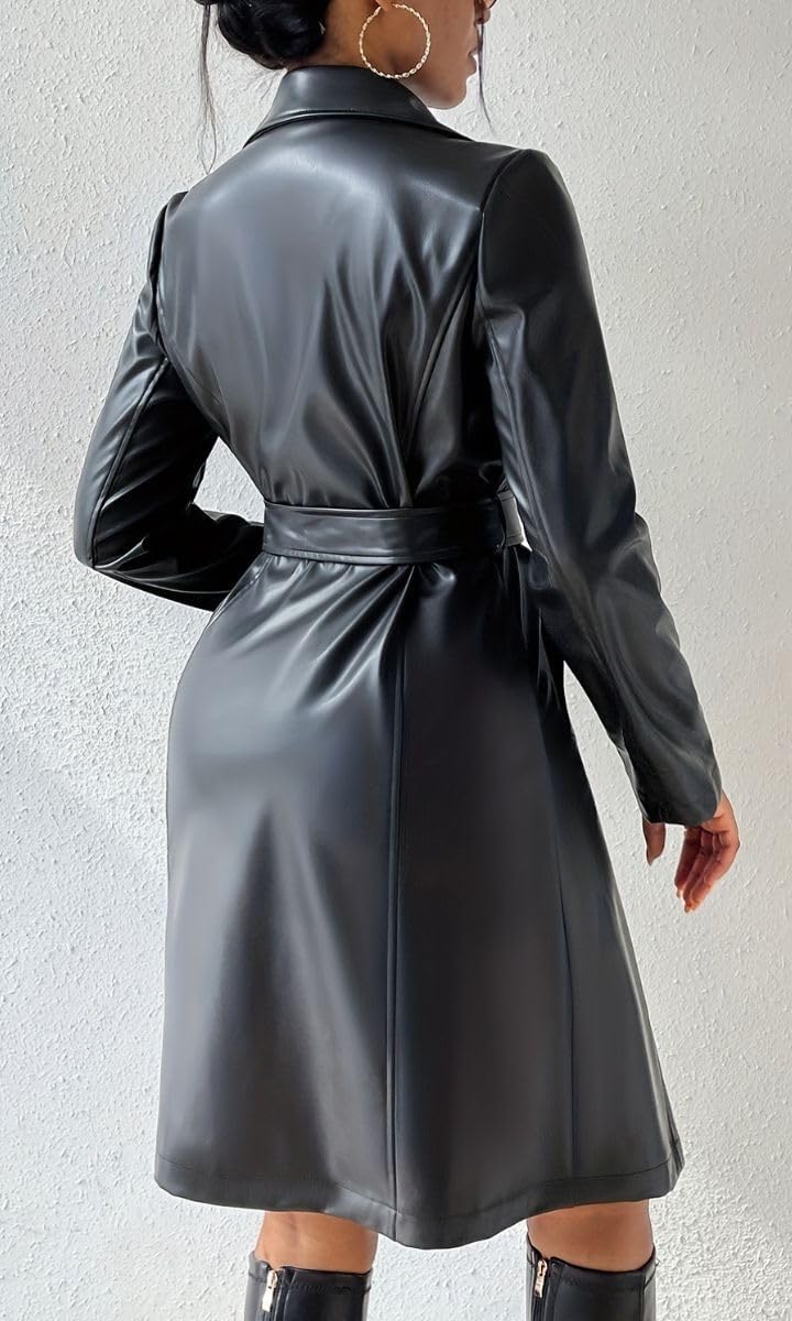Women Faux Leather Trench Coat Lapel Open Front Long Sleeve Motorcycle Biker Pu Blazer Jacket Overcoat with Belt