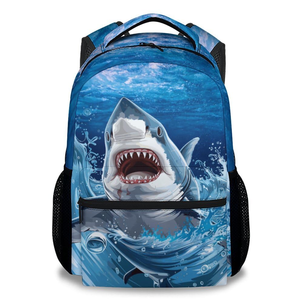 Kids School Backpack - 17 Inch Cool Shark Bookbag for Boys - Durable Blue School Bag for Elementary & Travel