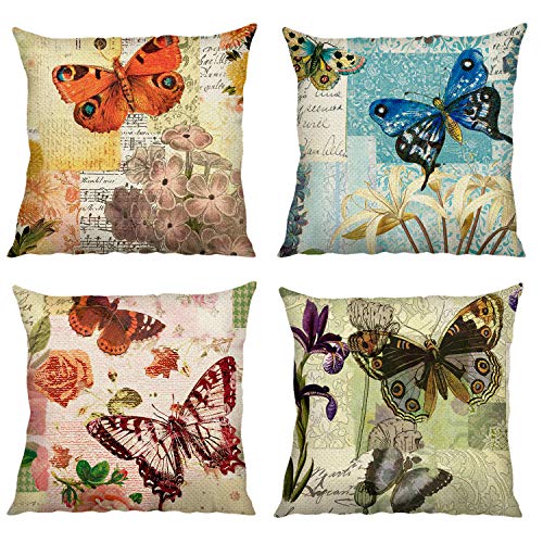 Bonhause Juego de 4 Funda de Cojín 45x45cm Vintage Mariposa Flores Algodón Lino Fundas de Almohada para Cojines Decorativos para Sofá Cama Coche Hogar
