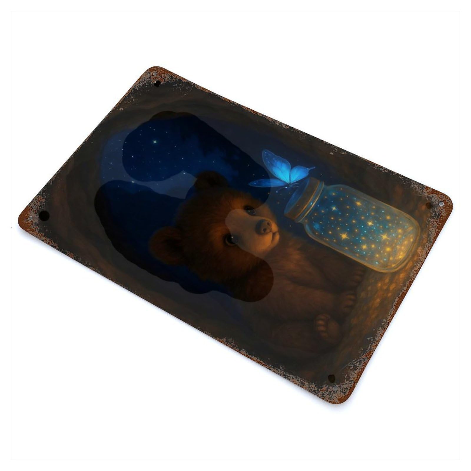Rust Effect Bear Cub And Magic Butterfly Aged Metal Wall Plaque 11.8"x7.9", Rustic Home Decor for Bistro, Counter And Cafe Decor