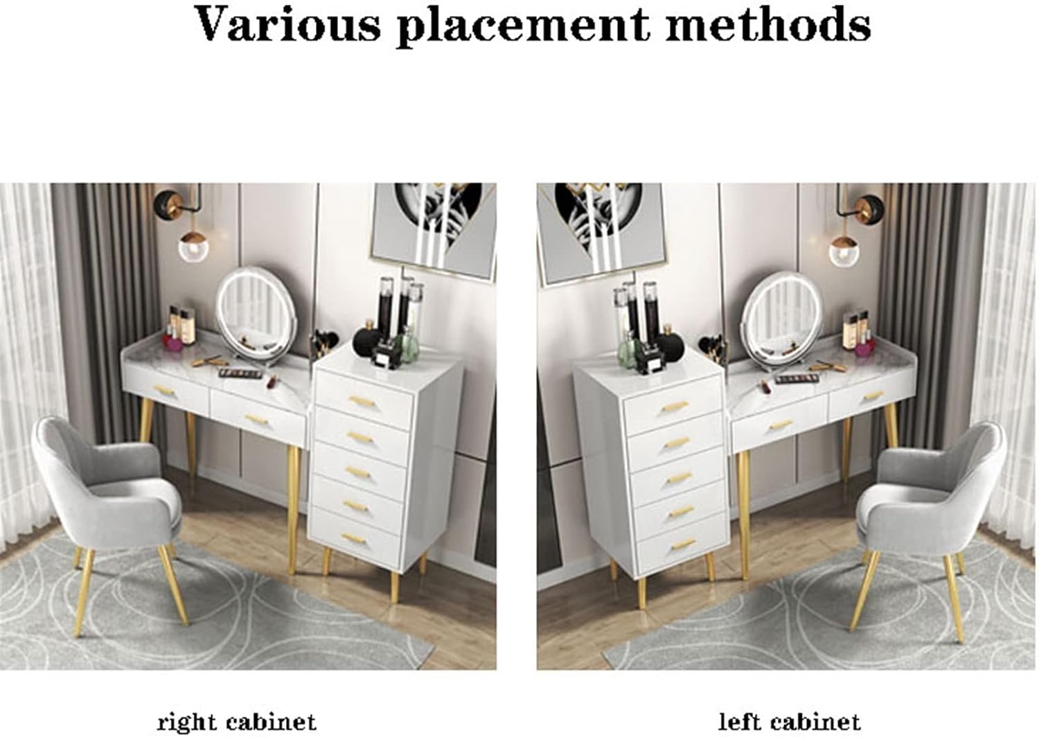 Vanity Dressing Table Set Luxury Makeup Bench with 3 Colors Led Hd Mirror,Comfortable Stool Drawers Cabinet,Modern Simple Style,for Girl's Gift (Size : 80CM) ()