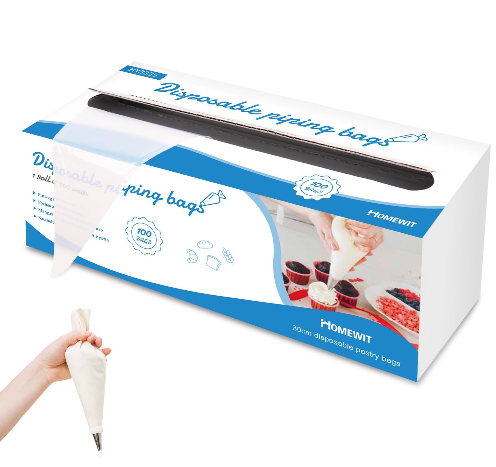 100 PCS Disposable Piping Bags, Homewit Clear Plastic Pastry Bags 12 Inch Thickened Medium Icing Bags, Clear Icing Piping Bags for Cake Cupcake Dessert Cookies Decoration (31 x 20 cm)