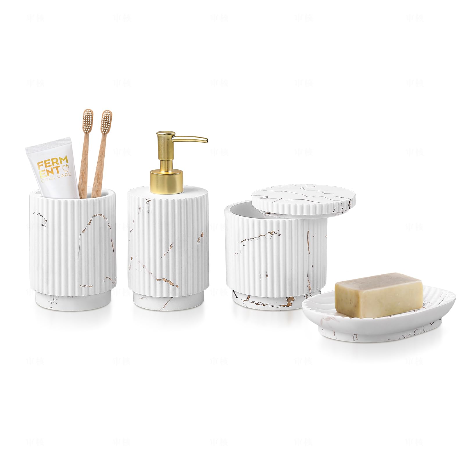 SEEYUAN Bathroom Accessories Set 4 Pcs-Toothbrush Holders Set, Soap Dispenser, Cotton Swab Jars, Vanity Tray, Bathroom Organizer for Modern Bathrooms Decor, Gift for Home Apartment