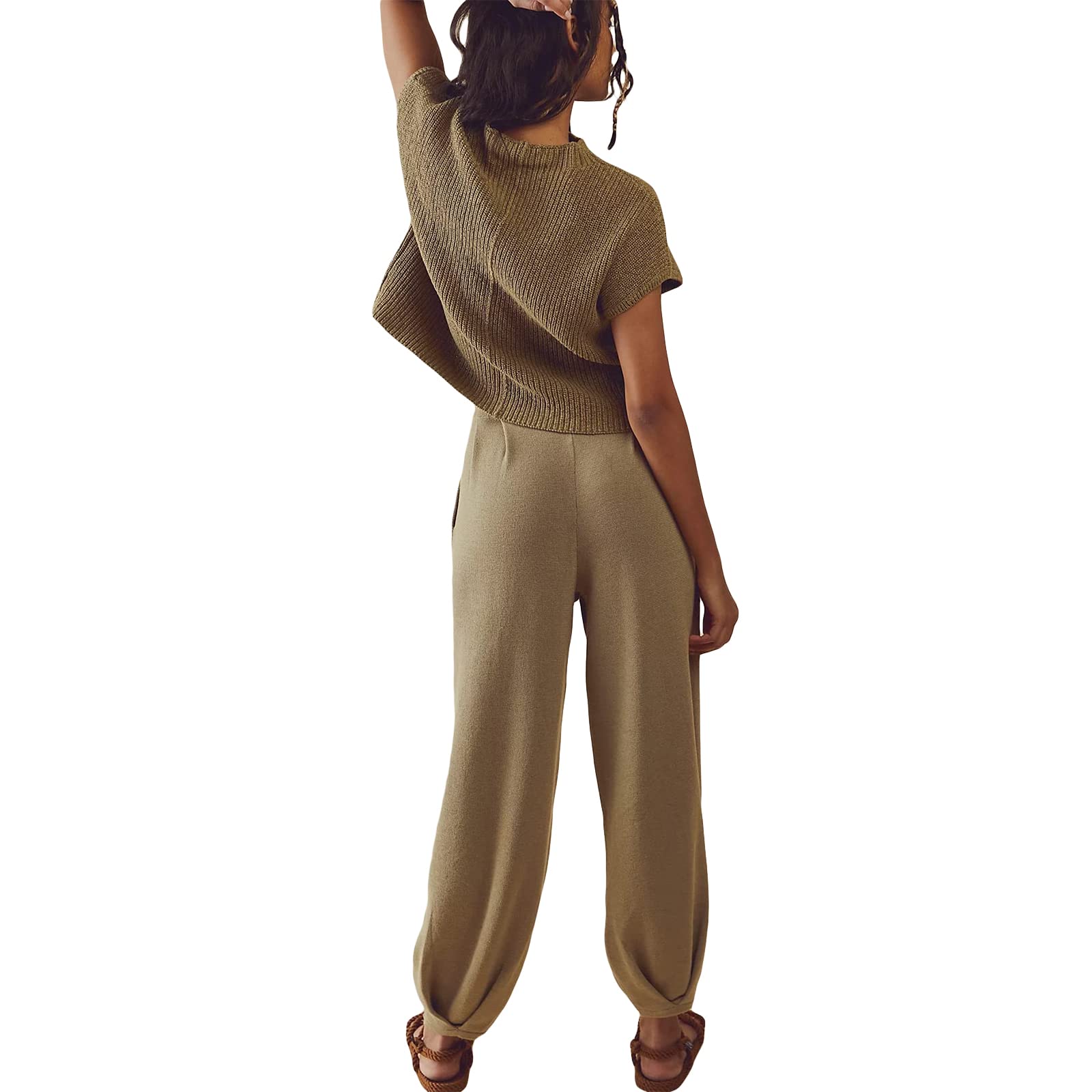 Women Summer 2 Pieces Outfits Ruched Strapless Wrap Chest Backless Tube Tops Wide-Leg Long Pants Set Sleeveless Tank Top+Flared Trousers Suit with Pockets