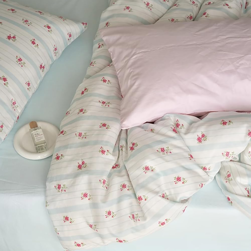 Michorinee Floral Single Duvet Cover Set Blue and White Striped Bedding Set including Zipper Closure 2pcs Microfiber Quilt Cover 135 x 200 and Pillow Case 50 x 75 cm - Image 2
