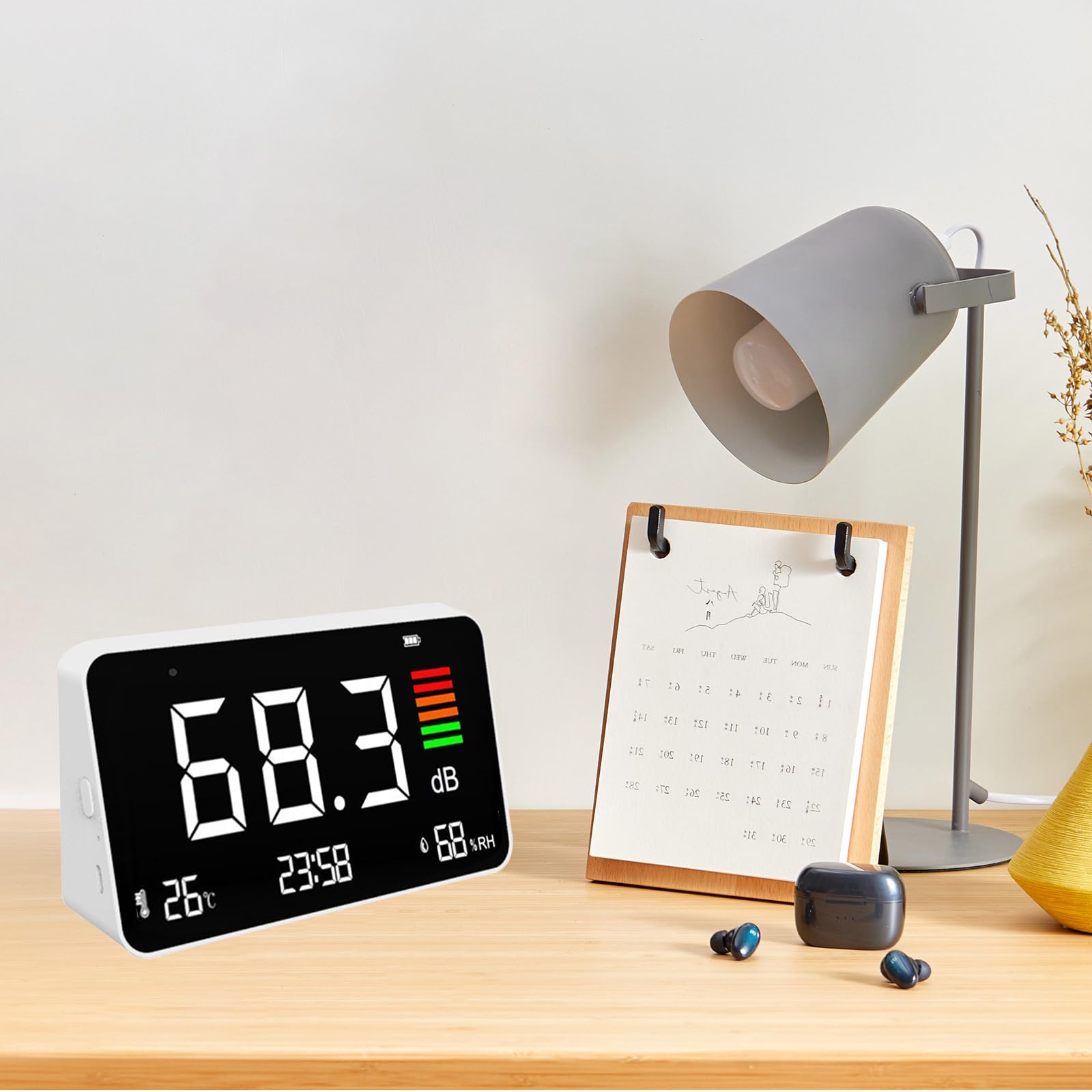 Sonometro, Medidor de Decibelios con Pantalla LCD, Reloj Detección de Temperatura y Medidor de Humedad, Medidor de Nivel de Sonido Digital de 30 a 130 dB para Casa, Escuela, Hospital